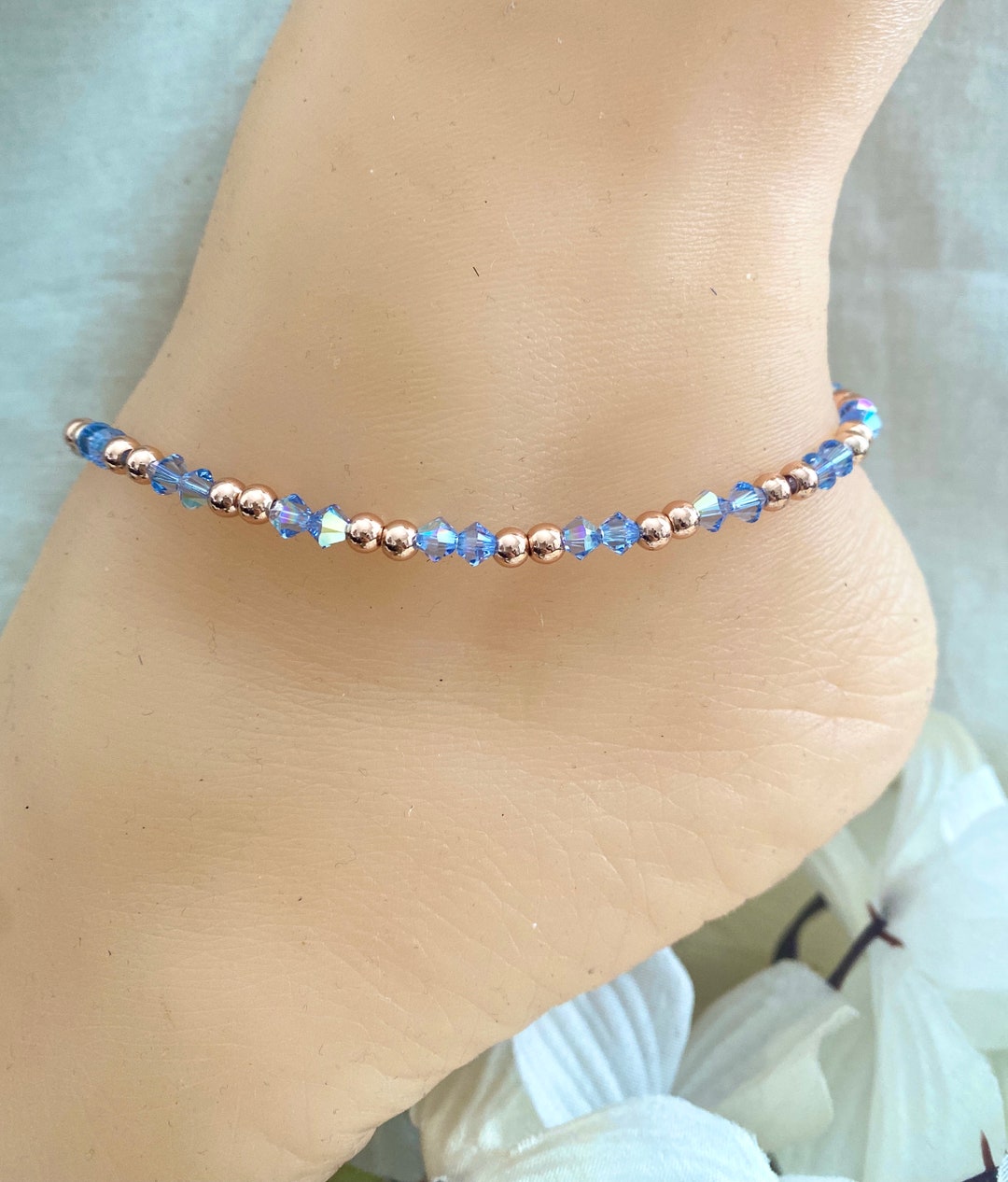 Rose Gold Blue Crystal Anklet Something Blue Bridal Gifts Etsy