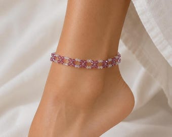 Swarovski-Kristallblumen-Fußkettchen, handgewebter Perlen-Strand-Brautschmuck