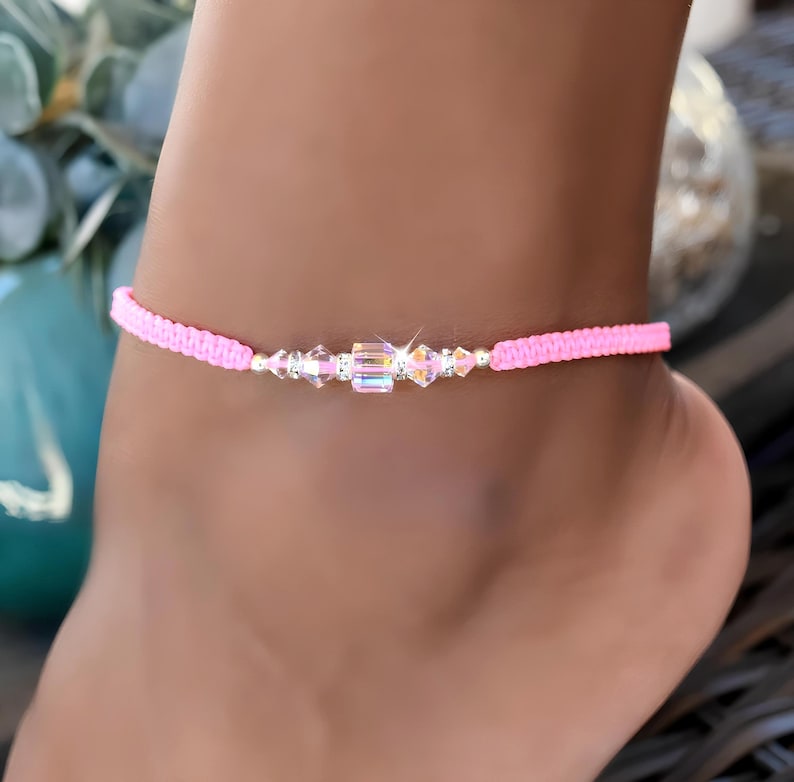 Neon Cord Anklet with Swarovski Crystals, Friendship Bracelet image 1