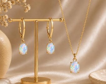 White Opal Oval Pendant Necklace and Earrings Set, Gold Finish Jewelry