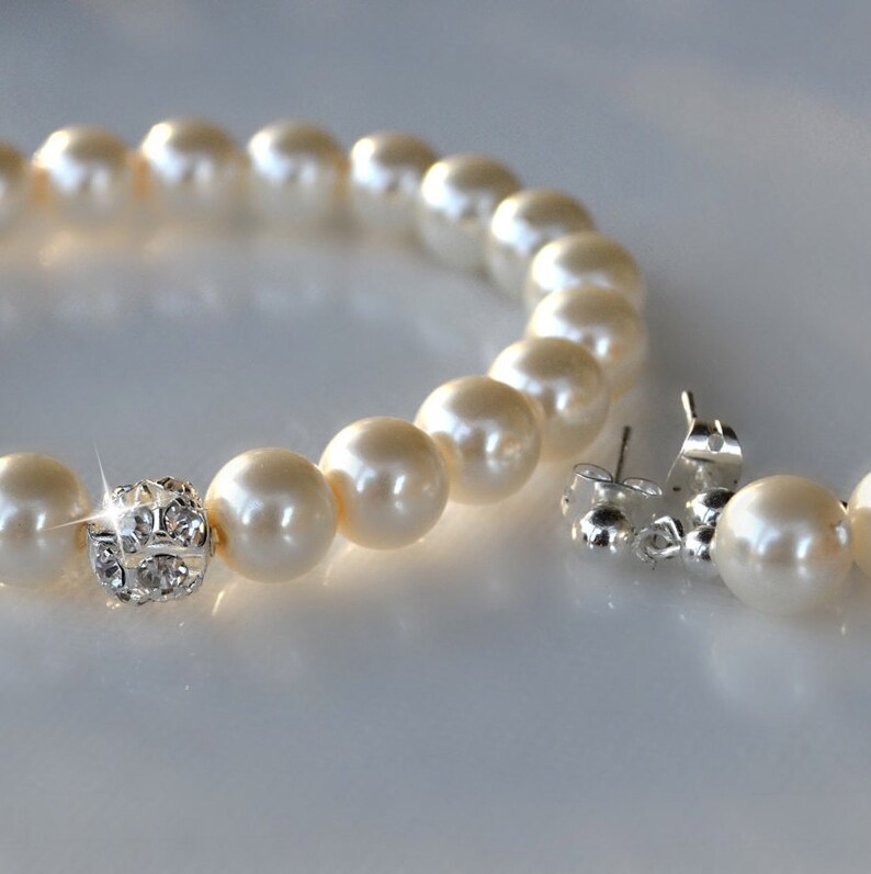 Pearl and Crystal Bracelet and Earring Set/Weddings/Bridal/Stretch Bracelet image 4