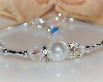 Silver and Crystal Bangle Bracelet/Pearls/Bridal Jewelry/Wedding/Bridesmaids
