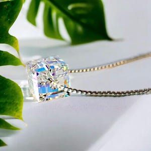 Crystal Cube Necklace: European Crystal, Silver Chain (18 inch)
