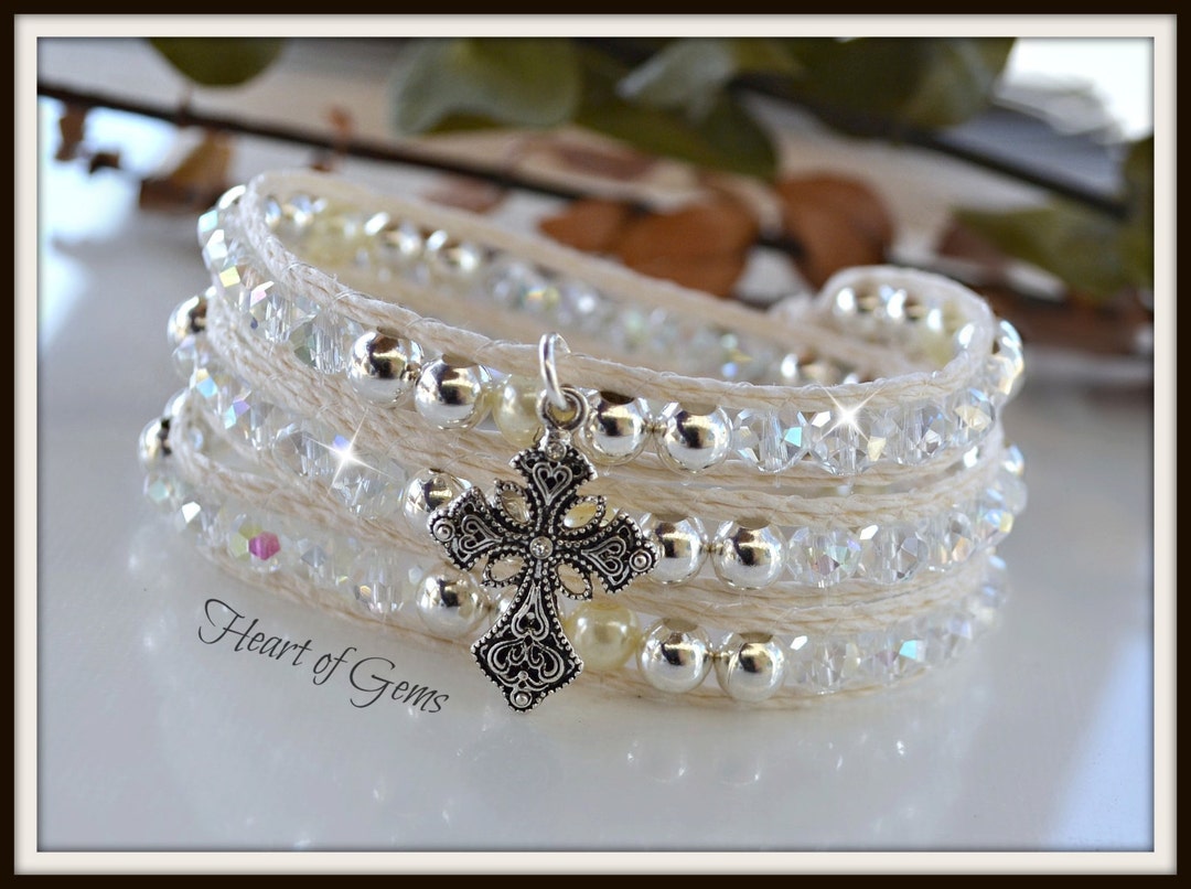 White Pearl and Silver Christian Wrap Bracelet Etsy