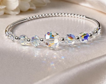 Swarovski Crystal AB Bangle Bracelet, Silver Beaded Bracelet, Gift for Her