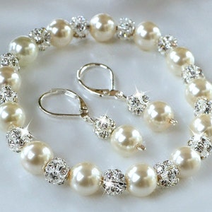 Pearl Bracelet and Rhinestone Earring Set