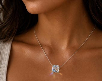 Swarovski Crystal Cube Necklace,  Aurora Borealis Square Pendant, Minimalist Silver Chain Necklace