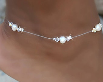 Crystal & Freshwater Pearl Stretch Anklet: Beach Bridal Jewelry