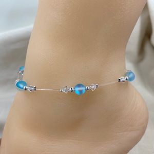 European Crystal and Aquamarine Anklet/Mermaid Glass/Stretch Anklet