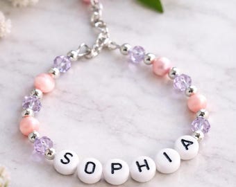 Personalized Name Bracelet, Pink Pearls, Lavender Crystals, Silver Accents