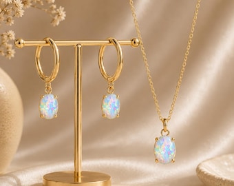 Opal Necklace & Earrings Set, Gold Opal Jewelry Set, White Opal Pendant Necklace, Opal Hoop Earrings, Bridal Gift for Her