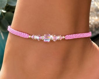 Swarovski Crystal Pink Anklet, Adjustable Beach Anklet for Women, Boho Summer Jewelry