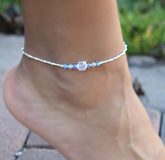 Estiramiento de Cristal Blanco Perla Con cuentas Tobillera Pulsera de Tobillo Nupcial algo azul
