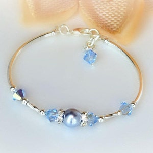 Silver and Blue Crystal Bangle Bracelet/Pearls/Bridal Jewelry/Wedding/Bridesmaids