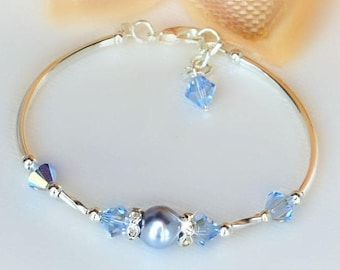 Silver and Blue Crystal Bangle Bracelet/Pearls/Bridal Jewelry/Wedding/Bridesmaids