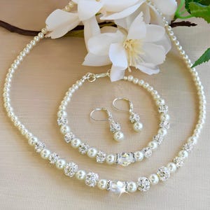 Swarovski Crystals and Pearl Necklace by Heart of Gems, Bracelet and Earring Set/Weddings/Bridal