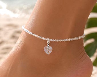 Swarovski Crystal Heart Anklet, Dainty Sterling Silver Ankle Bracelet, Bridal Jewelry