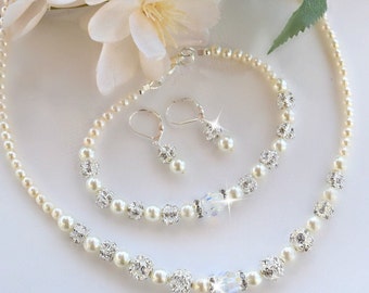 Crystals and Pearl Necklace, Bracelet and Earring Set/Weddings/Bridal