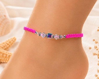 Woven Hot Pink Anklet, Swarovski Crystal AB Beach Jewelry, Boho Summer Ankle Bracelet