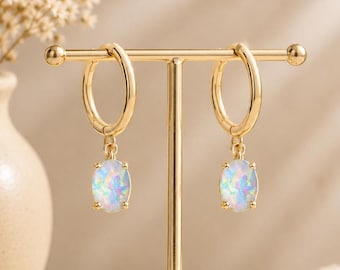 Gold Tone Opal Hoop Earrings | Oval Drop Dainty Minimalist Jewelry
