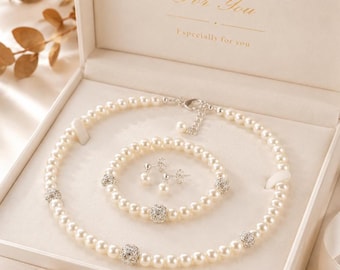 Pearl Jewelry Set, Necklace Bracelet Earrings, Swarovski Crystal Accents, Bridal Elegance
