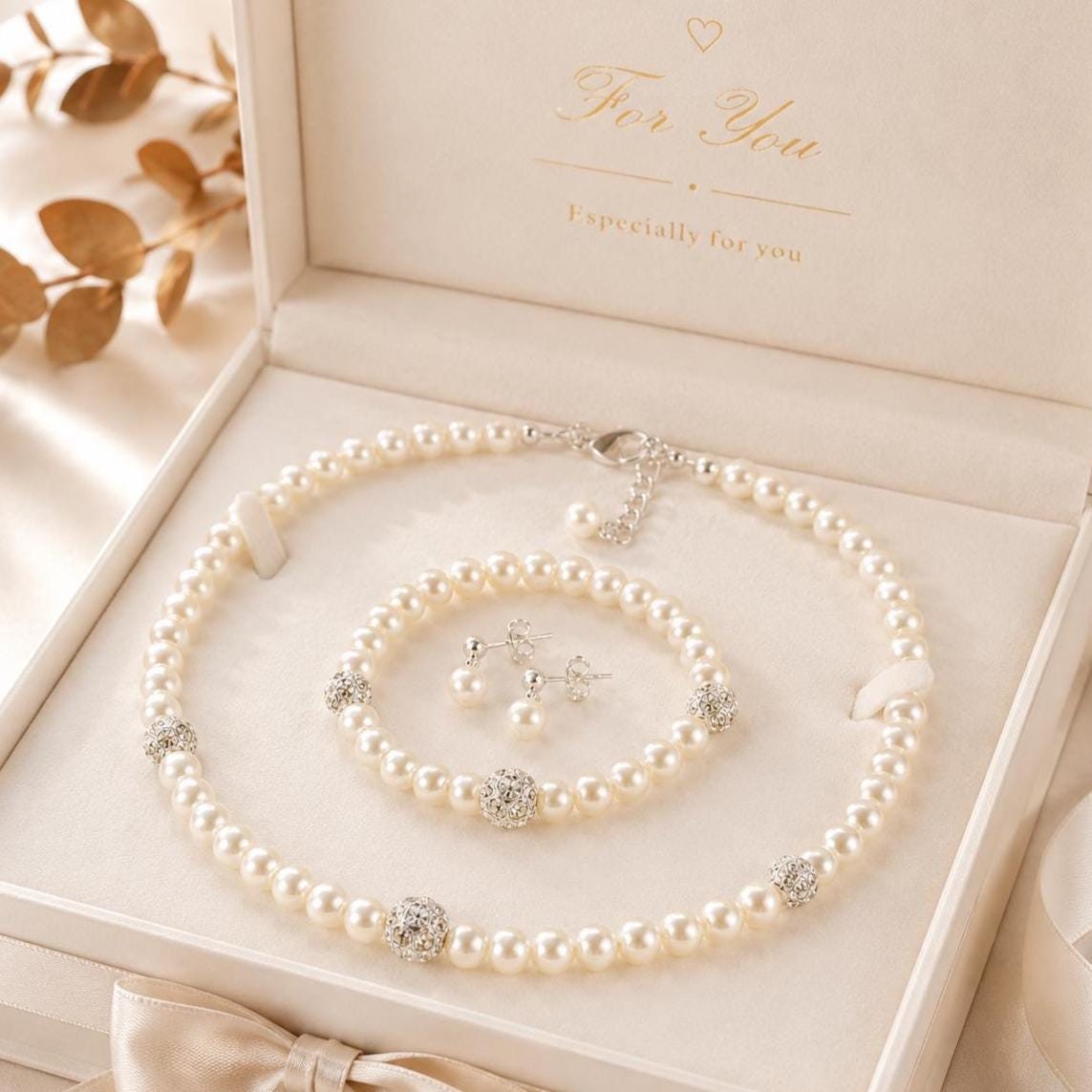 アクセサリー Silver Gold Pearl Necklace&Bracelet Set Pearl Jewelry Set, Necklace Bracelet Earrings, Swarovski Crystal
