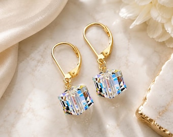 Swarovski Crystal Cube Earrings, Gold Leverback, Sparkling Dangle Jewelry