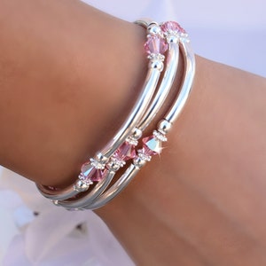Crystal Birthstone Bangle Bracelets: Set of 3 Silver Bangles