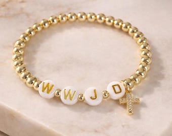 14K Gold Filled WWJD Bracelet, CZ Cross Charm, Christian Faith Beaded Jewelry