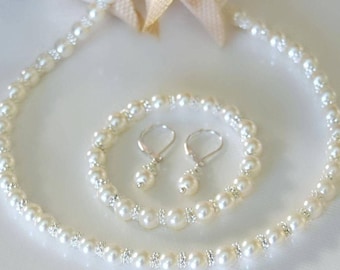 Ivory Pearl Jewelry Set: Bridal Necklace, Bracelet, Flower Girl