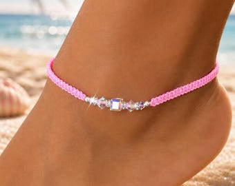 Neon Crystal Anklet: European Crystal, Macrame Cord