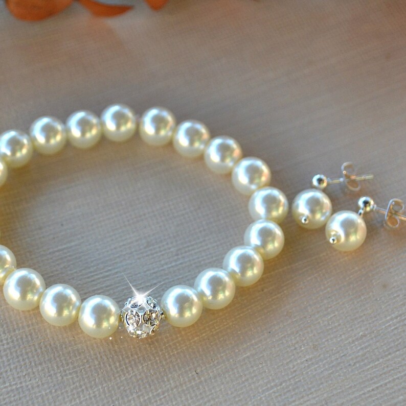 Pearl and Crystal Bracelet and Earring Set/Weddings/Bridal/Stretch Bracelet image 1