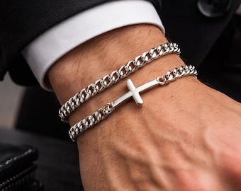 Men's Cross Bracelet Set, Cuban Link Chain, Christian Jewelry