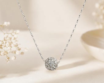 Rhinestone Pavé Bead Necklace, Silver Chain, Crystal Ball Pendant, Minimalist Jewelry