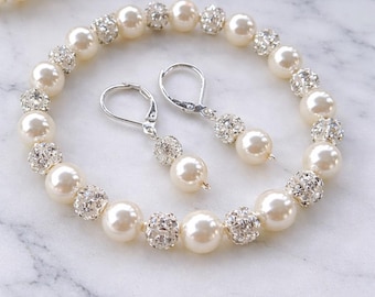 Crystal and Pearl Bracelet and Earring Set