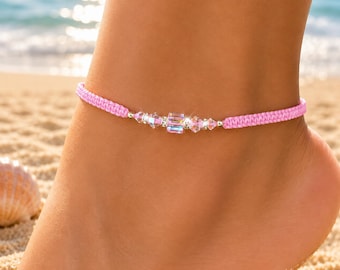 Swarovski Crystal Pink Anklet, Adjustable Beach Anklet for Women, Boho Summer Jewelry