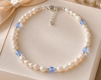 Freshwater Pearl Anklet, Blue Crystal Accents, Dainty Bridal Summer Jewelry