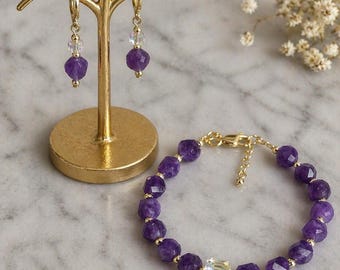 Amethyst Jewelry Set, Gold Filled Bracelet & Earrings Set, Purple Gemstone Jewelry, February Birthstone Gift, Dainty Matching Set for Her