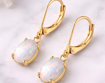 Opal Dangle Earrings, Gold Leverback, October Birthstone