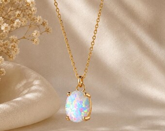 Natural Opal Gold Pendant Necklace, Minimalist October Birthstone Jewelry