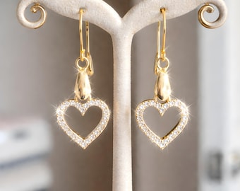 Gold Heart Dangle Earrings, Crystal Pave, Romantic Jewelry