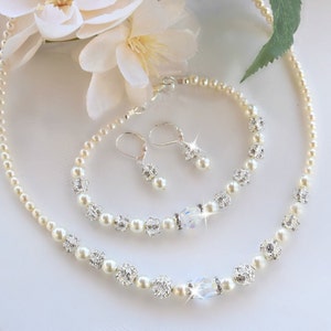 Crystals and Pearl Necklace, Bracelet and Earring Set/Weddings/Bridal