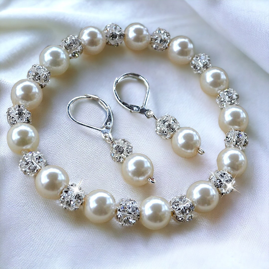 Sparkling Simple Rhinestone Luxury Pearl Ring Bracelet Set