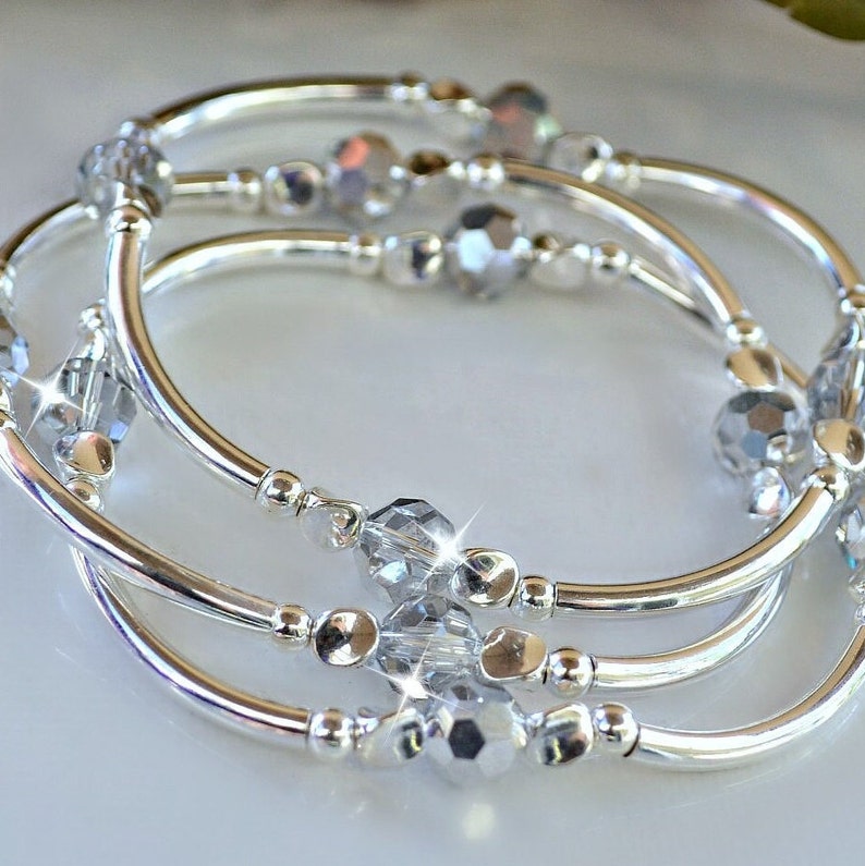 Crystal Bangle Bracelets, Silver Crystal, Set of 3 Bracelets, image 1