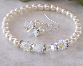 Swarovski Crystal Pearl Bridal Bracelet Earrings Set, Wedding Jewelry