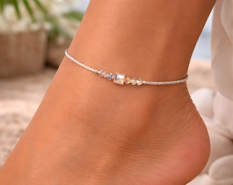 Cavigliera in argento fatta a mano con cristallo Swarovski iridescente