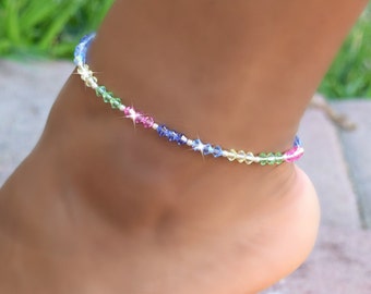 Crystal Ankle Bracelet, Stretch Anklet, Multi-Color Anklet, Gift for Her, Boho