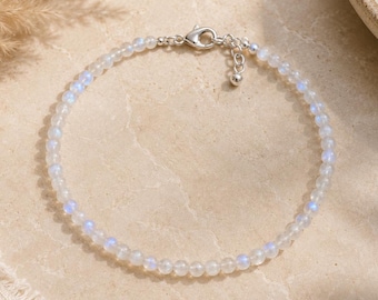 Genuine Moonstone Beaded Anklet, Sterling Silver Clasp, Dainty Beach Jewelry