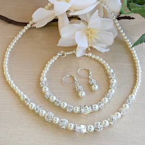 Swarovski Crystals and Pearl Necklace by Heart of Gems, Bracelet and Earring Set/Weddings/Bridal