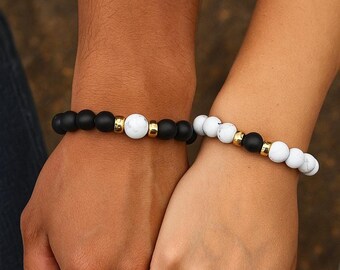 HIs and Hers Bracelets, Couples Bracelets, Friendship Bracelets, Distance Bracelets, Matching Bracelets, Black Agate, White Howlite,
